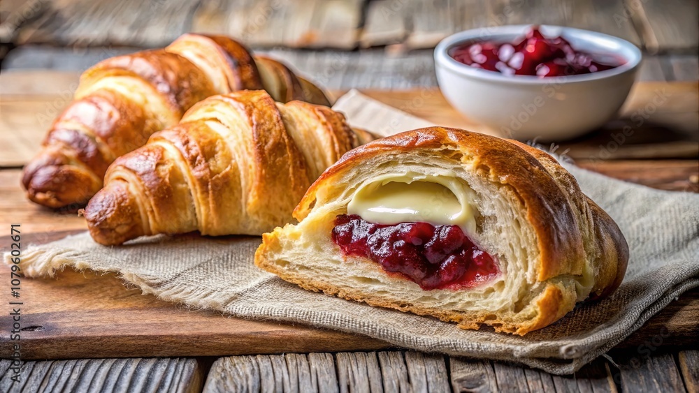 A Buttery Croissant Filled with Creamy Cheese and Sweet Berry Spread on a Rustic Wooden Surface A Buttery Croissant Filled with Creamy Cheese and Sweet Berry Spread on a Rustic Wooden Surface