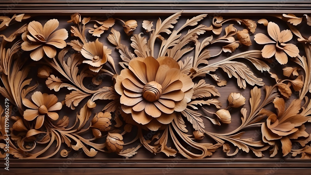 A floral design carved into a wood backdrop A floral design carved into a wood backdrop