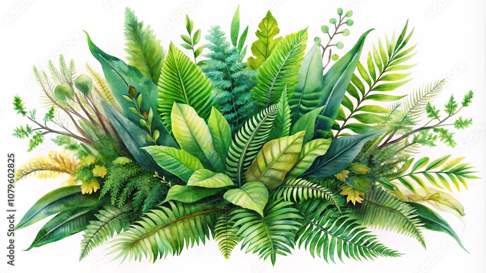 Fototapeta premium A lush watercolor depiction of verdant foliage, showcasing a vibrant tapestry of leaves, branches, and ferns, creating a botanical symphony of nature's artistry.