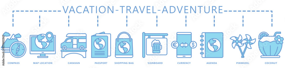Travel, vacation, adventure dual tone icon banner. contain compass, map, location, agenda, caravan, bar, coconut, shopping bag and more. Vector EPS 10. for print, UI or UX kit, web and app development Travel, vacation, adventure dual tone icon banner. contain compass, map, location, agenda, caravan, bar, coconut, shopping bag and more. Vector EPS 10. for print, UI or UX kit, web and app development