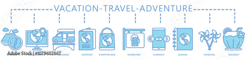 Travel, vacation, adventure dual tone icon banner. contain compass, map, location, agenda, caravan, bar, coconut, shopping bag and more. Vector EPS 10. for print, UI or UX kit, web and app development