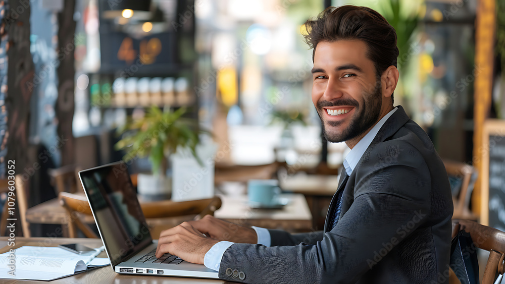 Businessman Smiling with Laptop at Cafe Businessman Smiling with Laptop at Cafe