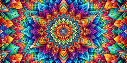 A kaleidoscopic tapestry of vibrant colors interwoven into a mesmerizing mandala of intricate patterns, a visual symphony of geometric shapes blooming into an explosion of artistic expression.