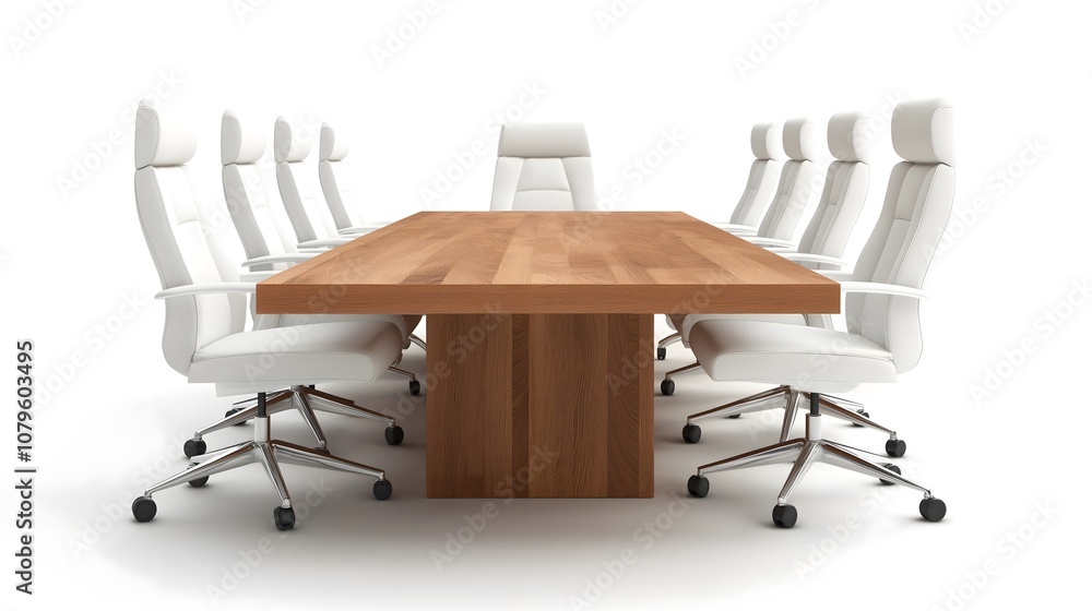A spacious designer conference table made from natural wood is surrounded by sleek white ergonomic chairs. This isolated setup promotes focus and discussion in a modern workspace. A spacious designer conference table made from natural wood is surrounded by sleek white ergonomic chairs. This isolated setup promotes focus and discussion in a modern workspace.