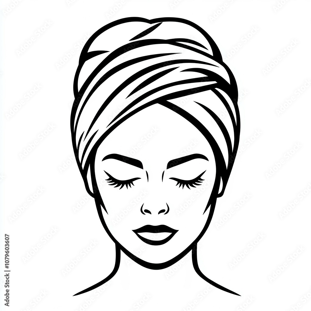 This design showcases a simple line art representation of a woman with a beauty towel, embodying tranquility and self-care This design showcases a simple line art representation of a woman with a beauty towel, embodying tranquility and self-care