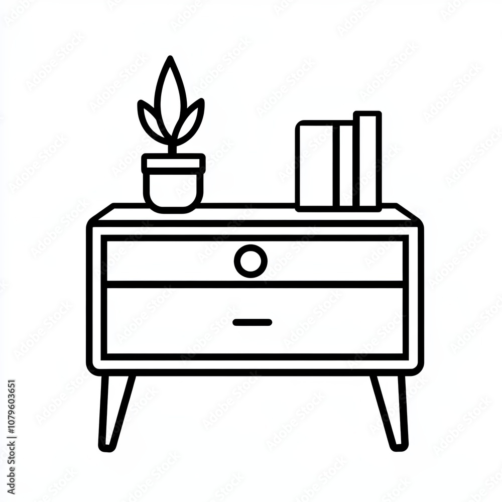 This illustration showcases a minimalist bedside table with a planter and stacked books, represented in a sleek black and white design against a white background This illustration showcases a minimalist bedside table with a planter and stacked books, represented in a sleek black and white design against a white background