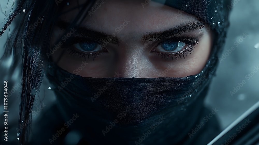 A skilled female ninja in a sleek cyber suit stands ready, her striking blue eyes focused intently. The atmosphere is charged as rain falls in a vibrant, neon-lit city at dusk. A skilled female ninja in a sleek cyber suit stands ready, her striking blue eyes focused intently. The atmosphere is charged as rain falls in a vibrant, neon-lit city at dusk.