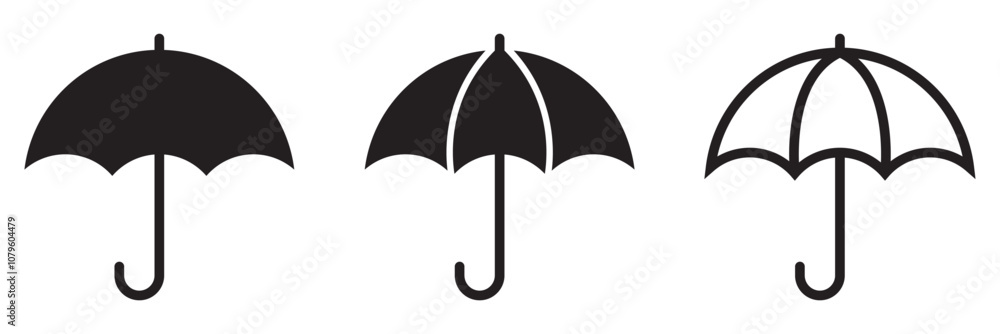 Open umbrella icon set. Rain protection security icon. Minimal umbrella icon vector silhouette. Protection parasol symbol. Rain weather signs. Season symbols. Rainy icons. Open umbrella icon set. Rain protection security icon. Minimal umbrella icon vector silhouette. Protection parasol symbol. Rain weather signs. Season symbols. Rainy icons.