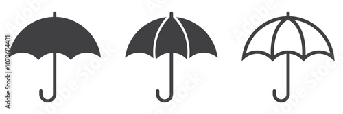 Open umbrella icon set. Rain protection security icon. Minimal umbrella icon vector silhouette. Protection parasol symbol. Rain weather signs. Season symbols. Rainy icons.