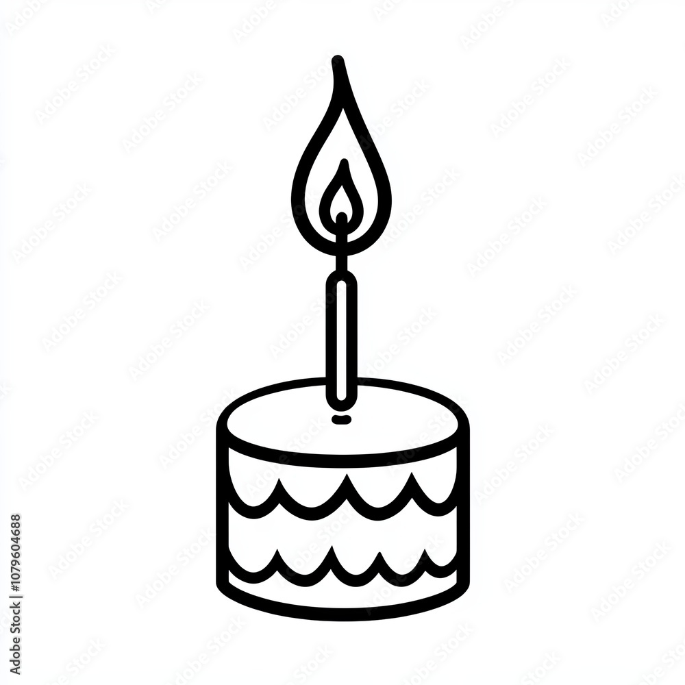 This black and white line drawing features a classic birthday candle atop a cake, symbolizing celebration and joy in a minimalist design perfect for cards or invitations