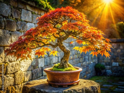 Bonsai Acer Buergerianum Stone Wall Landscape Photography photo