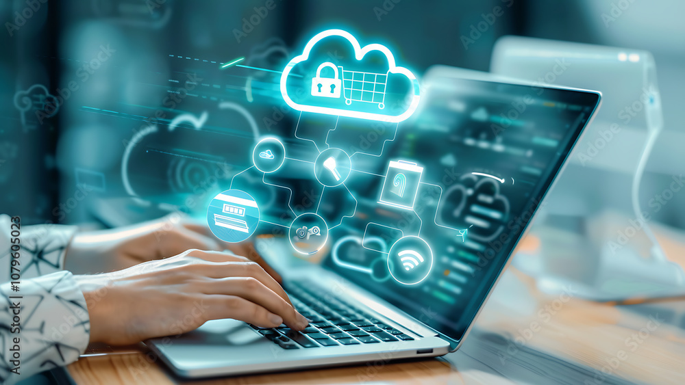 Digital interface with cloud computing icons on laptop screen Digital interface with cloud computing icons on laptop screen
