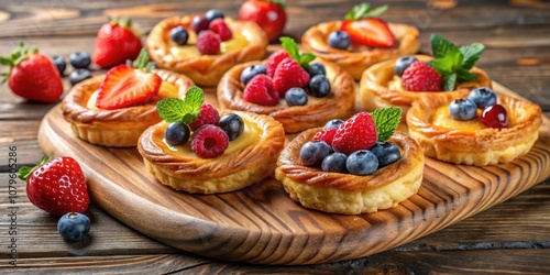 Delicious fruit-filled pastries displayed on a wooden board in a bright setting, pastries, fruit, delicious, wooden board, display