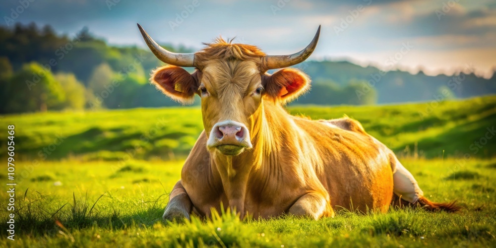 Relaxing ox sitting in a tranquil field on a sunny day, Chinese zodiac, astrology, lunar calendar Relaxing ox sitting in a tranquil field on a sunny day, Chinese zodiac, astrology, lunar calendar