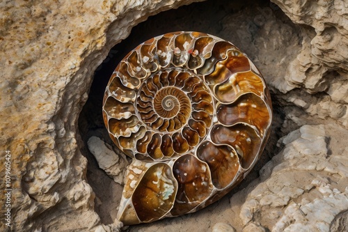 Large ammonite fossil with spiraling shell, set against a natural rock background. photo