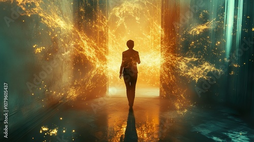 Woman Walking Through a Glowing Doorway: A Journey of Transformation and Hope