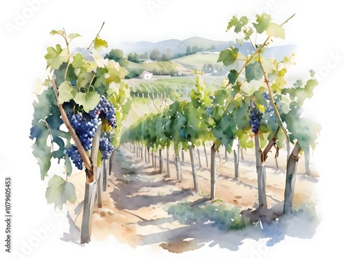 Vineyard Watercolor Painting Landscape Art