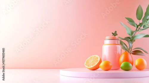 Fresh Fruits and Juice on a Soft Pink Background