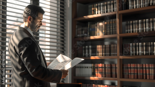 Man in a library reading a book surrounded by shelves photo