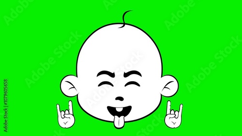 video animation drawing emoticon face character baby cartoon, making the classic heavy metal gesture with hands and sticking out tongue, sketch draw in black and white color. On a green background photo