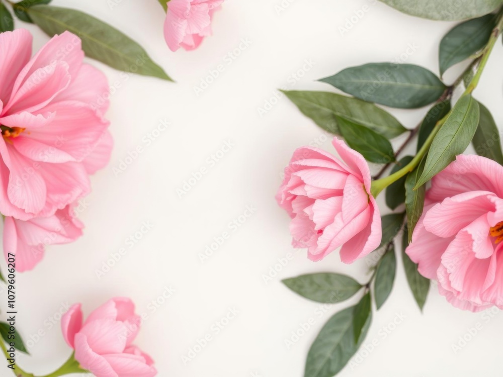 Soft pink flowers and green leaves surrounded by various skincare and makeup products, creating a beautiful and feminine background, soft, green Soft pink flowers and green leaves surrounded by various skincare and makeup products, creating a beautiful and feminine background, soft, green