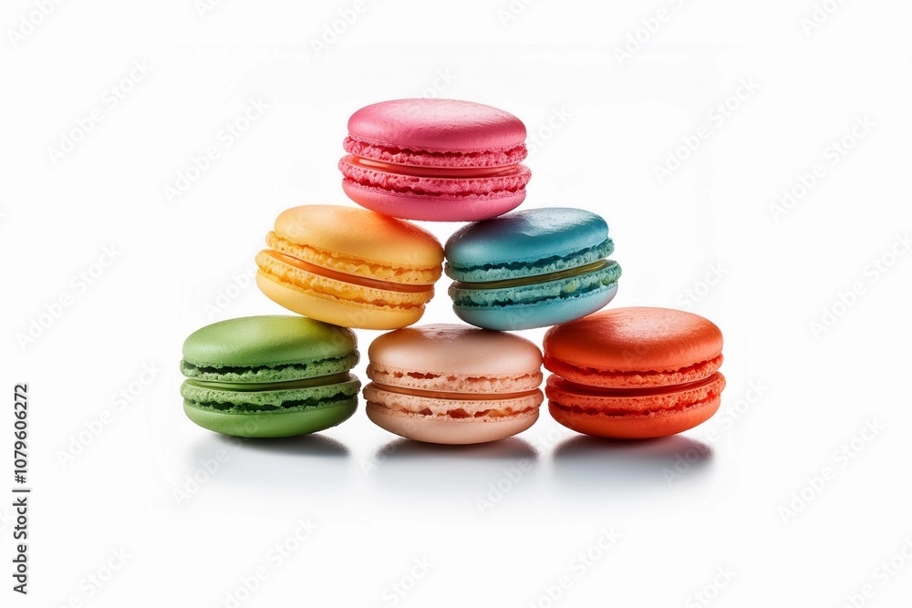 Pile of colourful macaroons in white plate on white marble table background Pile of colourful macaroons in white plate on white marble table background
