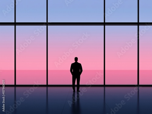 Silhouetted figure standing in front of a large glass window with a soft, pastel gradient background, suggesting a moment of quiet reflection.