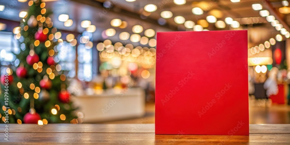 Red paper mockup displayed in a festive retail setting with a stylish background, Red, paper, mockup, festive Red paper mockup displayed in a festive retail setting with a stylish background, Red, paper, mockup, festive