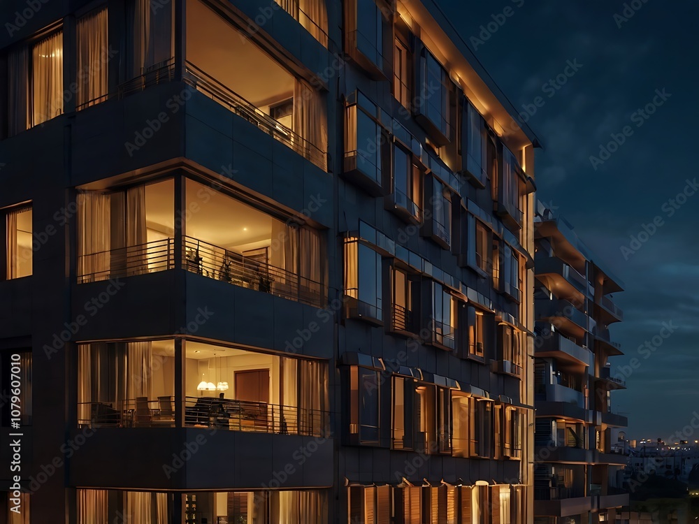 Modern apartment building with illuminated windows at dusk Modern apartment building with illuminated windows at dusk