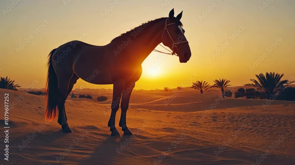 A silhouette of a horse against a sunset in a desert landscape. A silhouette of a horse against a sunset in a desert landscape.