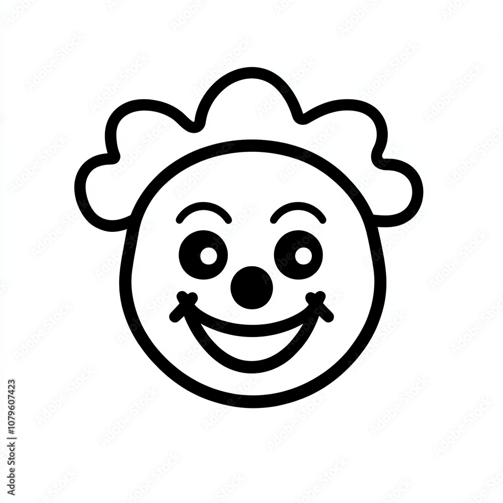This icon depicts a joyful clown with a broad smile and cartoonish features, in black and white against a plain background for versatile usage This icon depicts a joyful clown with a broad smile and cartoonish features, in black and white against a plain background for versatile usage