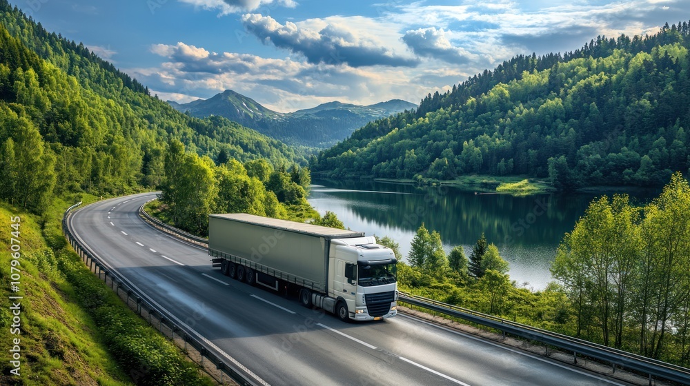 Naklejka premium Truck Driving on Scenic Mountain Road