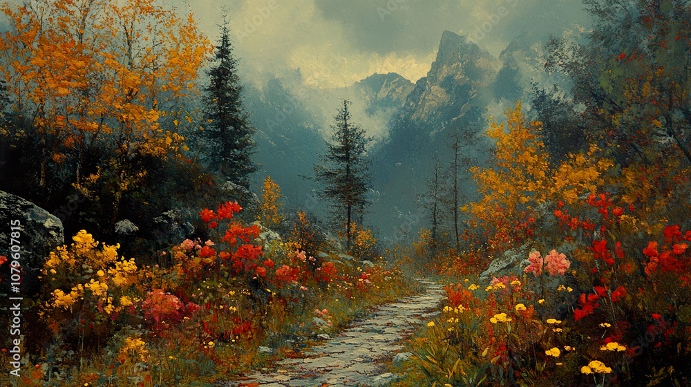 Autumnal Mountain Path: A Serene Landscape Painting Autumnal Mountain Path: A Serene Landscape Painting
