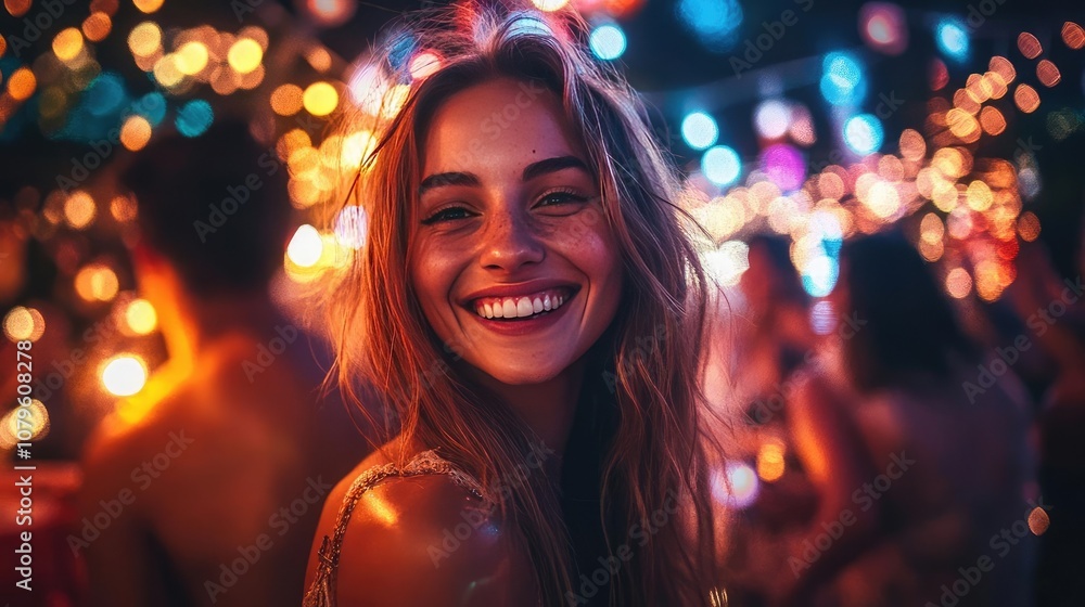 A group of friends at a night festival, surrounded by lights and music A group of friends at a night festival, surrounded by lights and music