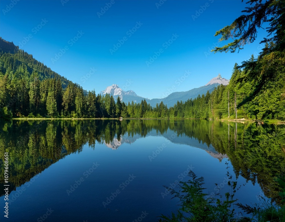 Serene Lake Surrounded by Lush Tropical Rainforest, Reflecting Towering Trees and Distant Mountain Peaks Under a Clear Blue Sky, Captured for a Scenic Nature Landscape Serene Lake Surrounded by Lush Tropical Rainforest, Reflecting Towering Trees and Distant Mountain Peaks Under a Clear Blue Sky, Captured for a Scenic Nature Landscape