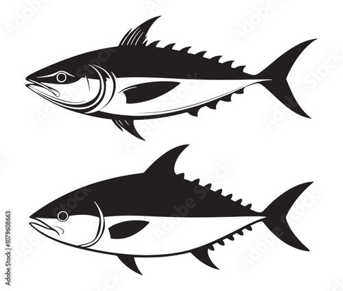 Sea cod fish on a white background, Tuna fish silhouette vector illustration, Sea fish silhouette icon