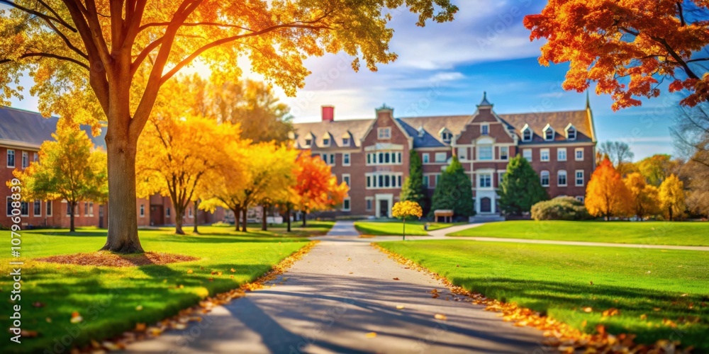 Beautiful college campus on a sunny autumn day with defocused background, college, campus, university, fall, autumn Beautiful college campus on a sunny autumn day with defocused background, college, campus, university, fall, autumn