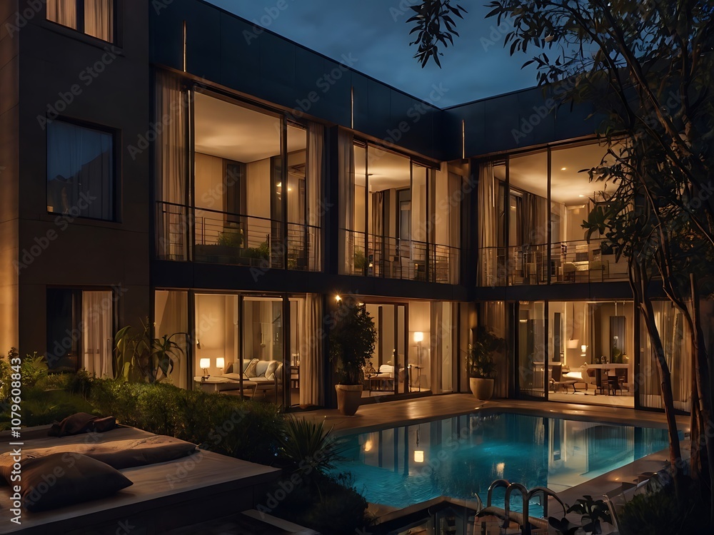 Modern Residence with Swimming Pool and Nighttime Lighting Modern Residence with Swimming Pool and Nighttime Lighting