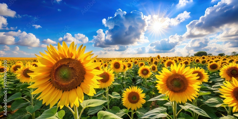 Obraz premium Field of blooming sunflowers under a blue sky , sunflowers, field, blooming, yellow, blue sky, agriculture, oil production