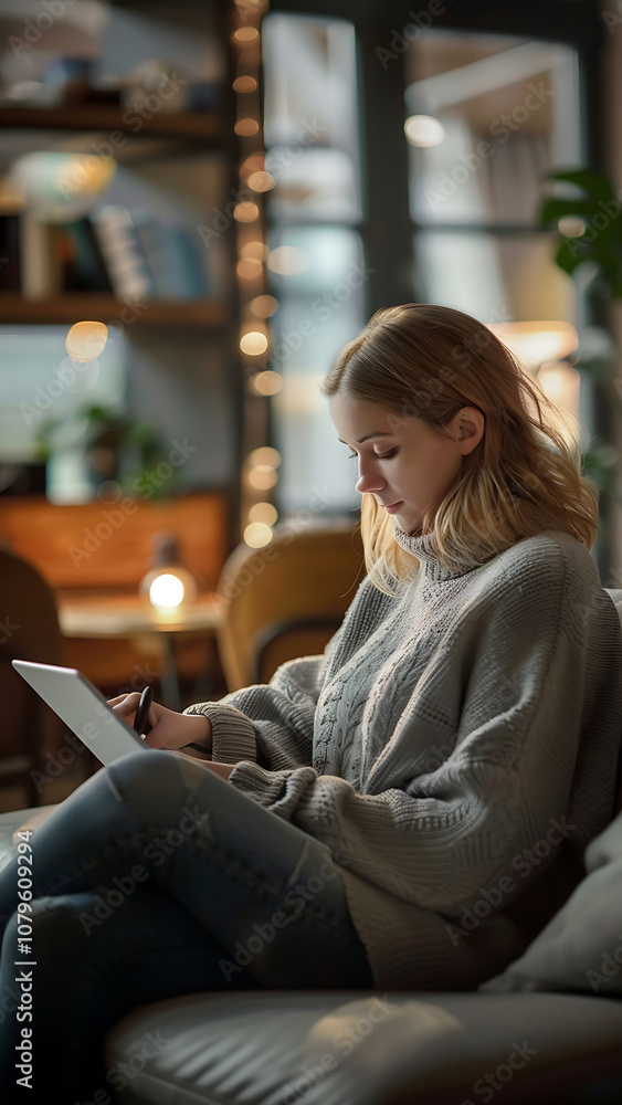 Woman Reading by Lamp in Cozy Indoor Setting Woman Reading by Lamp in Cozy Indoor Setting