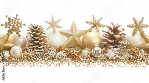 Christmas decorations illuminate with gold glittering accents, creating an abstract glow light texture. The shimmering ornaments and festive lights capture the essence of the holiday season, blending 