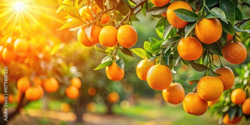 Ripe oranges hanging from tree branches in a sunny orange garden, Oranges, fruit, tree, garden, ripe, harvest, citrus, fresh