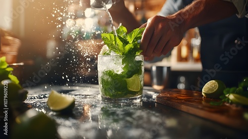 A professional mixologist shaking a cocktail with fresh ingredients like mint, lime, and rum, preparing an elegant mojito for customers at a bar. photo