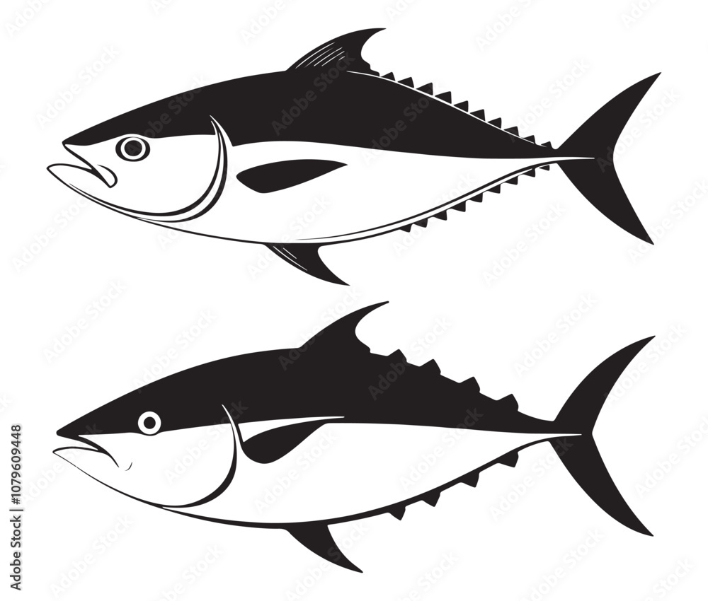 Sea cod fish on a white background, Tuna fish silhouette vector illustration, Sea fish silhouette icon