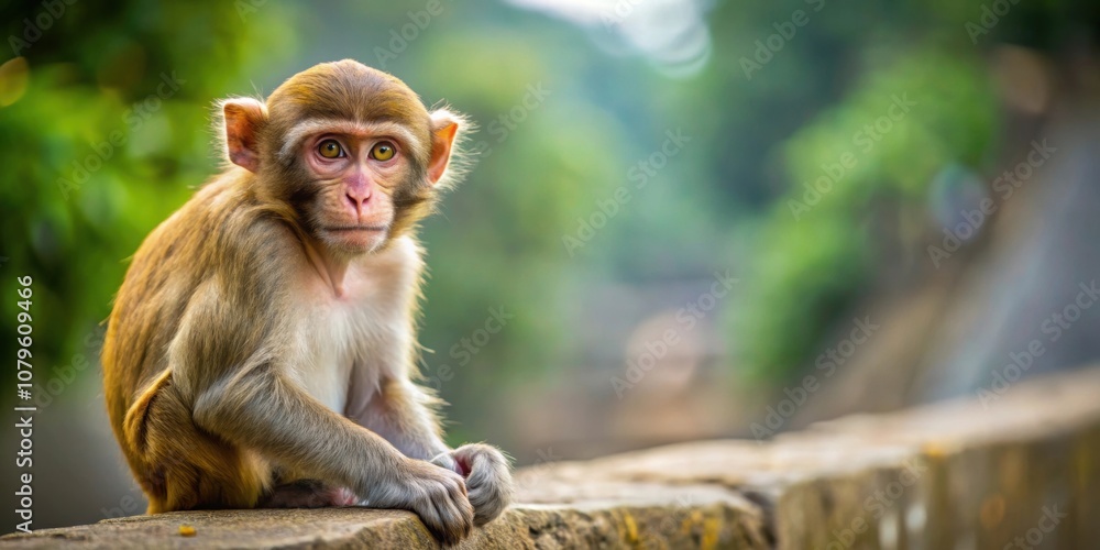 Focus shot of a cute rhesus monkey sitting on a stone wall, rhesus monkey, cute, sitting, stone wall, wildlife, animal Focus shot of a cute rhesus monkey sitting on a stone wall, rhesus monkey, cute, sitting, stone wall, wildlife, animal