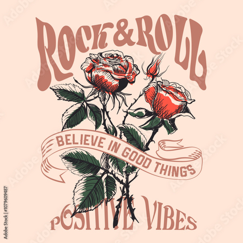 Rock and roll tour t shirt print design. Rockstar vector artwork. Rose flower graphic illustration. Music poster. women's graphic print design