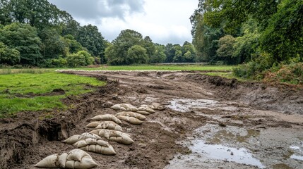 Fotobehang Cappuccinokleur A landscape with sandbags along a dry, muddy area, likely for flood protection.  © Iswanto