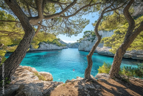 Two large trees frame a view of a turquoise bay with rocky cliffs and small boats in the distance.