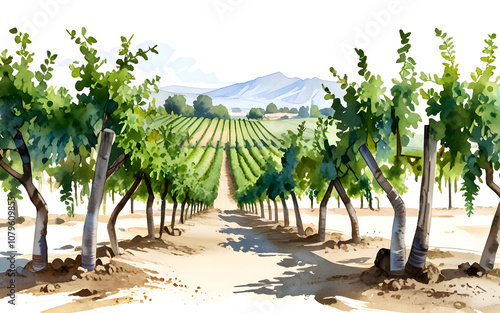 Vineyard Watercolor Painting Landscape Art