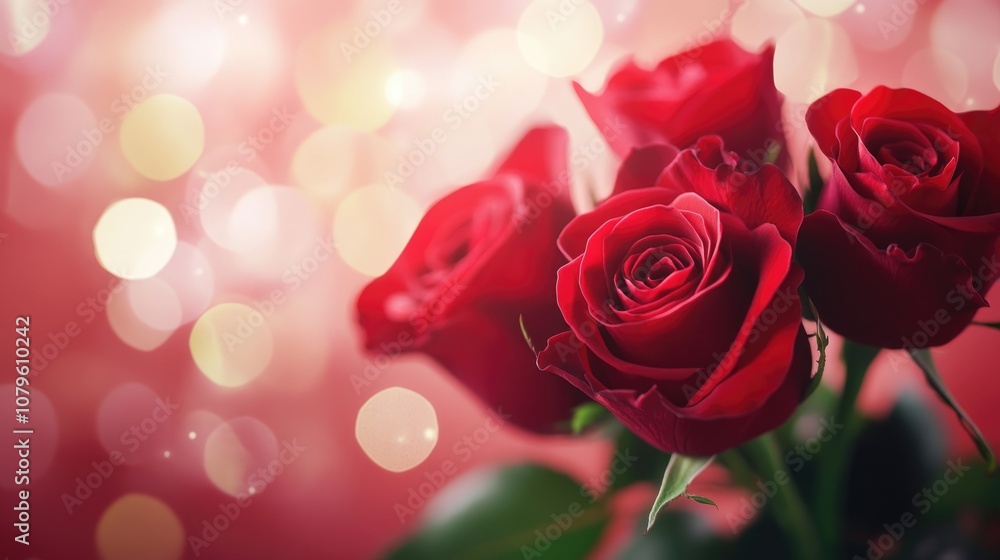 Close up of a bouquet of red roses on a softly blurred sparkling background A romantic theme perfect for expressions of love Close up of a bouquet of red roses on a softly blurred sparkling background A romantic theme perfect for expressions of love